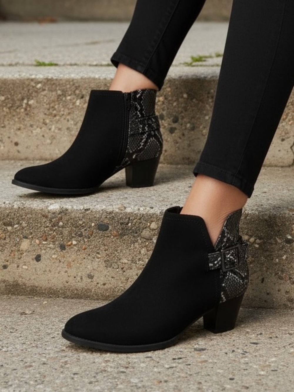 Vionic Naomi Black Snake Suede Mixed Media Heeled Ankle Booties NEW 11
